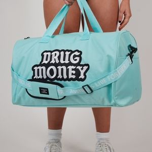 Embrodered Assholes Live Forever Teal Drug Money Duffle Bag
